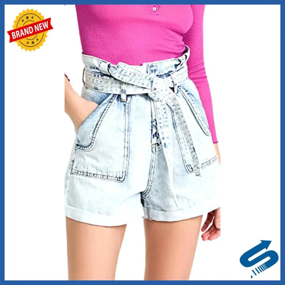 Denim Paper Bag Shorts with Self Belt, Pleated Cuffed Style - Picture 2 of 6